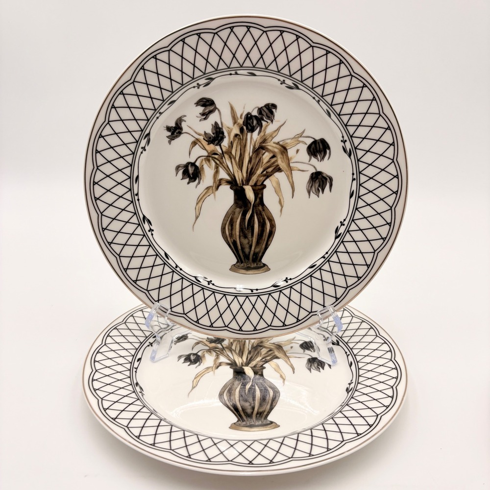 Grace Teaware Fine Porcelain Floral Salad Plates Black Lattice Set of 2 Goth